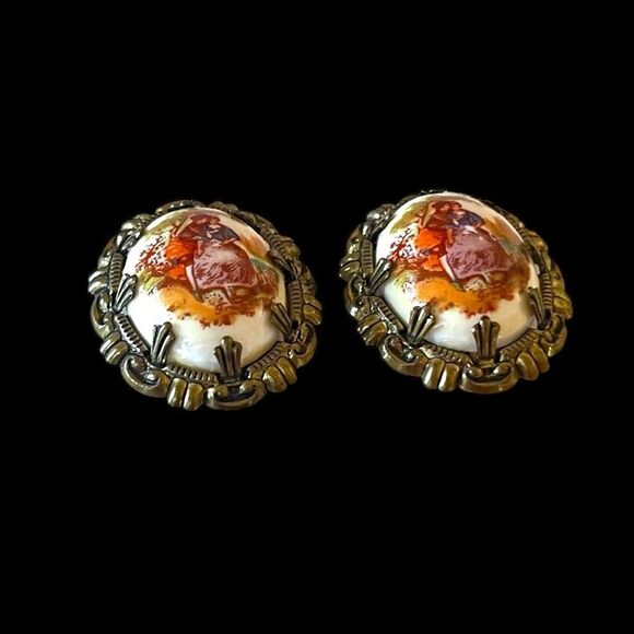 Vintage West Germany Porcelain Clip Earrings - Picture 2 of 5